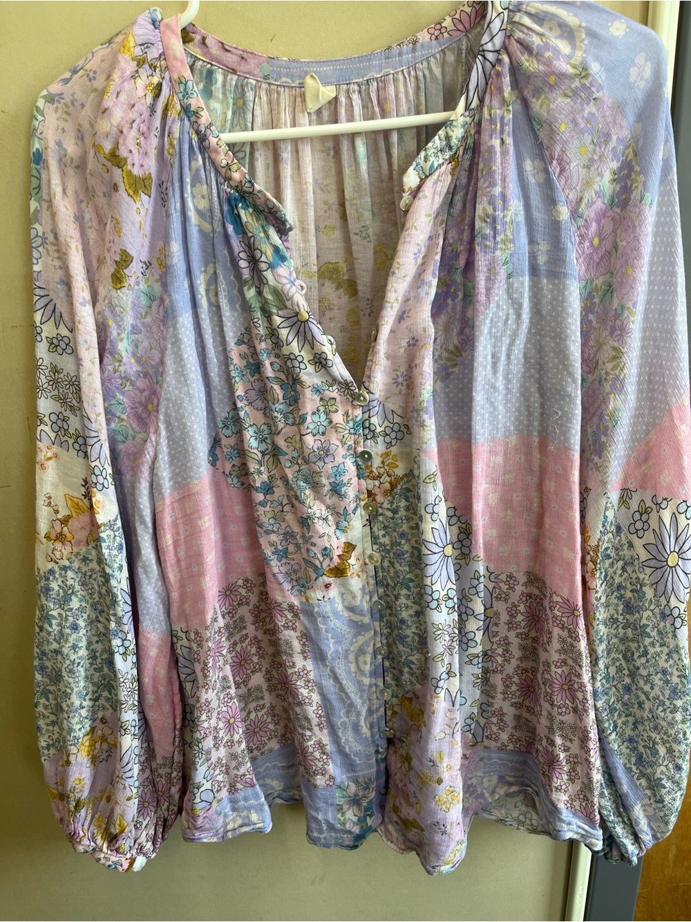 Floral Patchwork Long-Sleeve Women's Blouse in Pastel Pink & Lavender - Picture 2 of 14